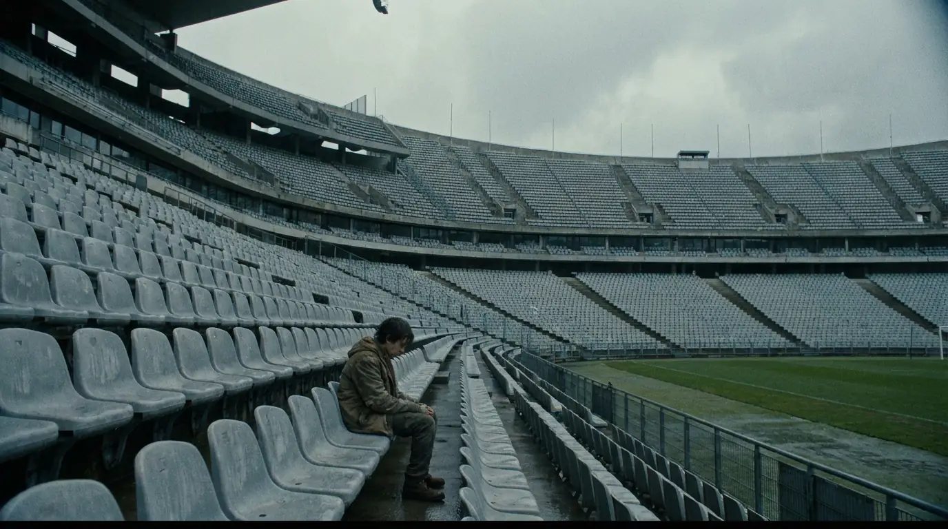 Personne seule assise dans un stade vide symbolisant l'isolement lié à l'addiction aux paris