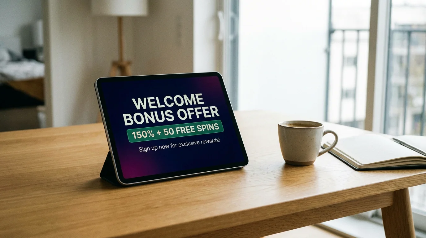 Offre promotionnelle de bonus de bienvenue affichée sur un écran de tablette