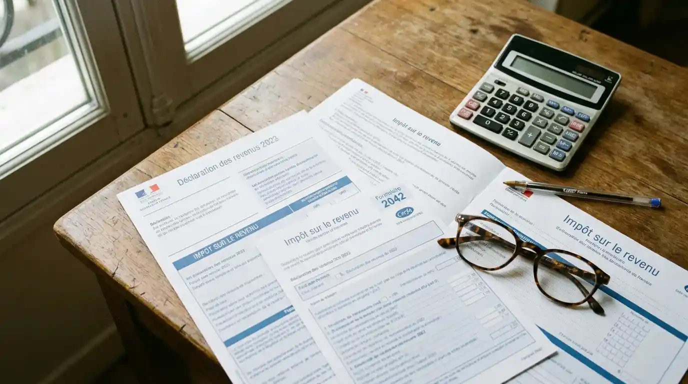 Documents fiscaux et formulaires de déclaration posés sur un bureau avec une calculatrice