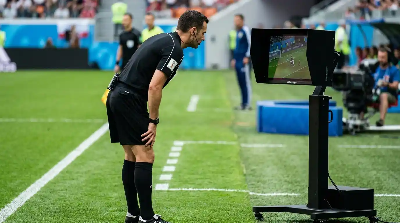 Arbitre de football vérifiant l'intégrité d'un match sur un terrain professionnel