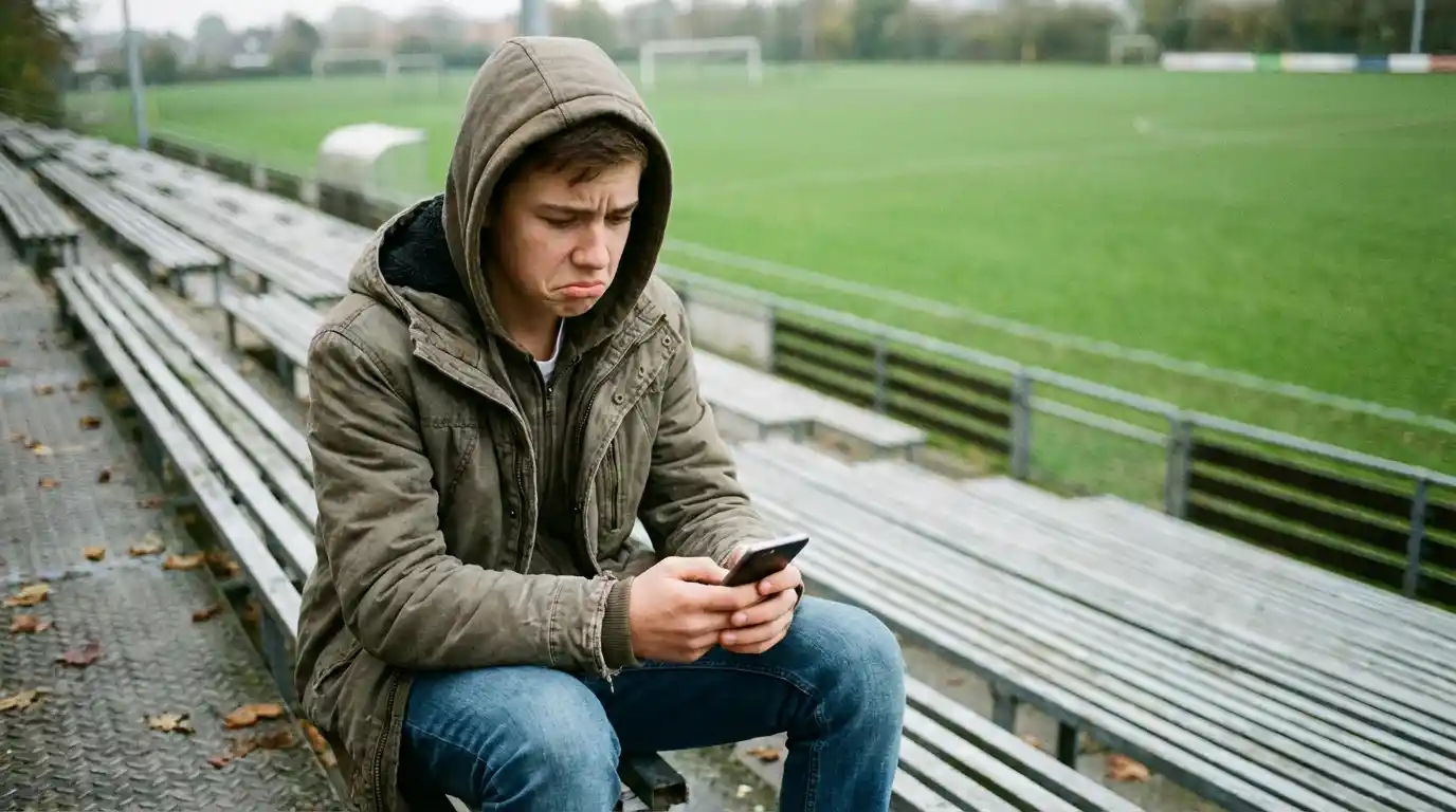 Adolescent regardant un smartphone avec une expression préoccupée dans un contexte sportif