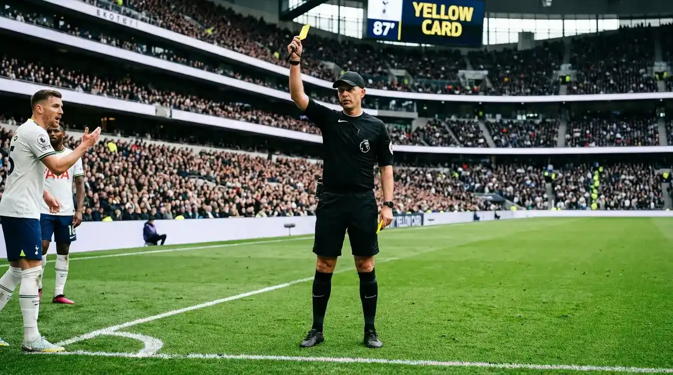 Arbitre de football brandissant un carton jaune sur un terrain de Ligue 1