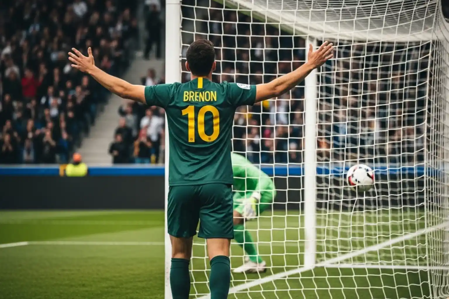 Attaquant de football célébrant un but devant les filets sur un terrain de Ligue 1