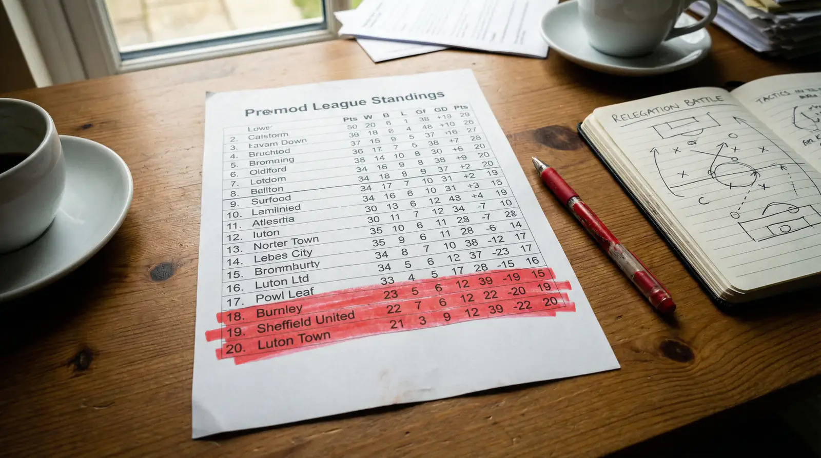 Classement de fin de saison de Ligue 1 avec la zone de relégation en rouge