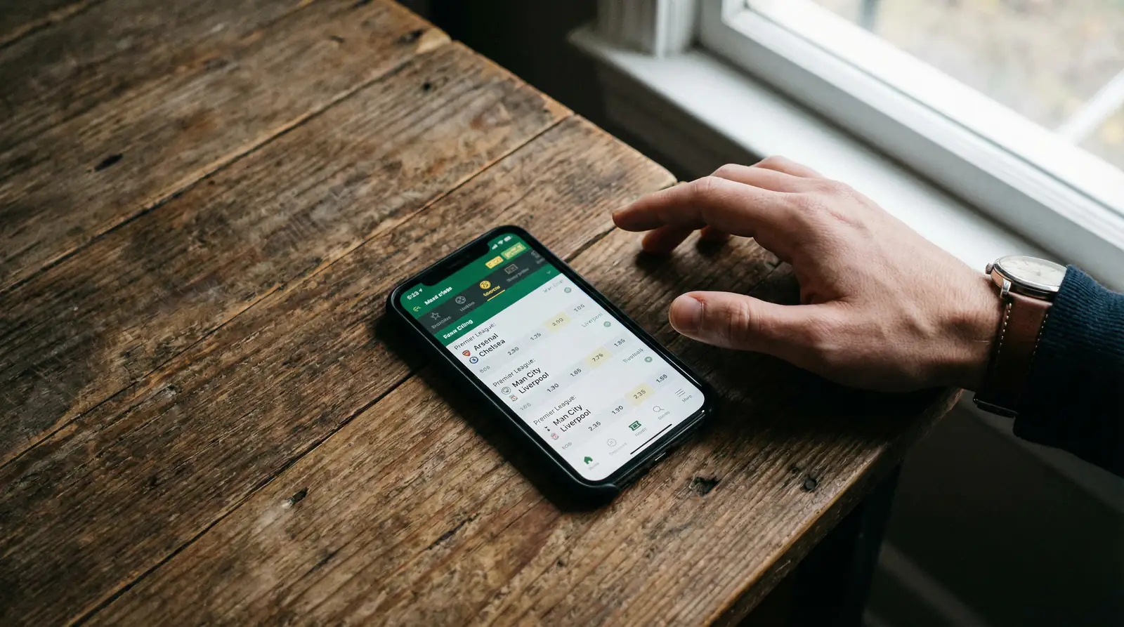 Smartphone posé sur une table affichant une application de paris sportifs football